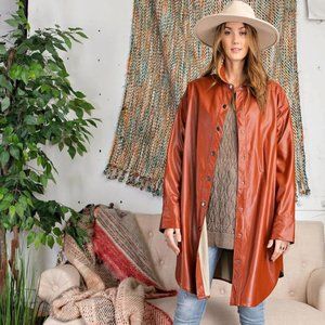 Esel Bloody Mary Orange Red Rain Cotton Blend Faux Leather Button Down Coat